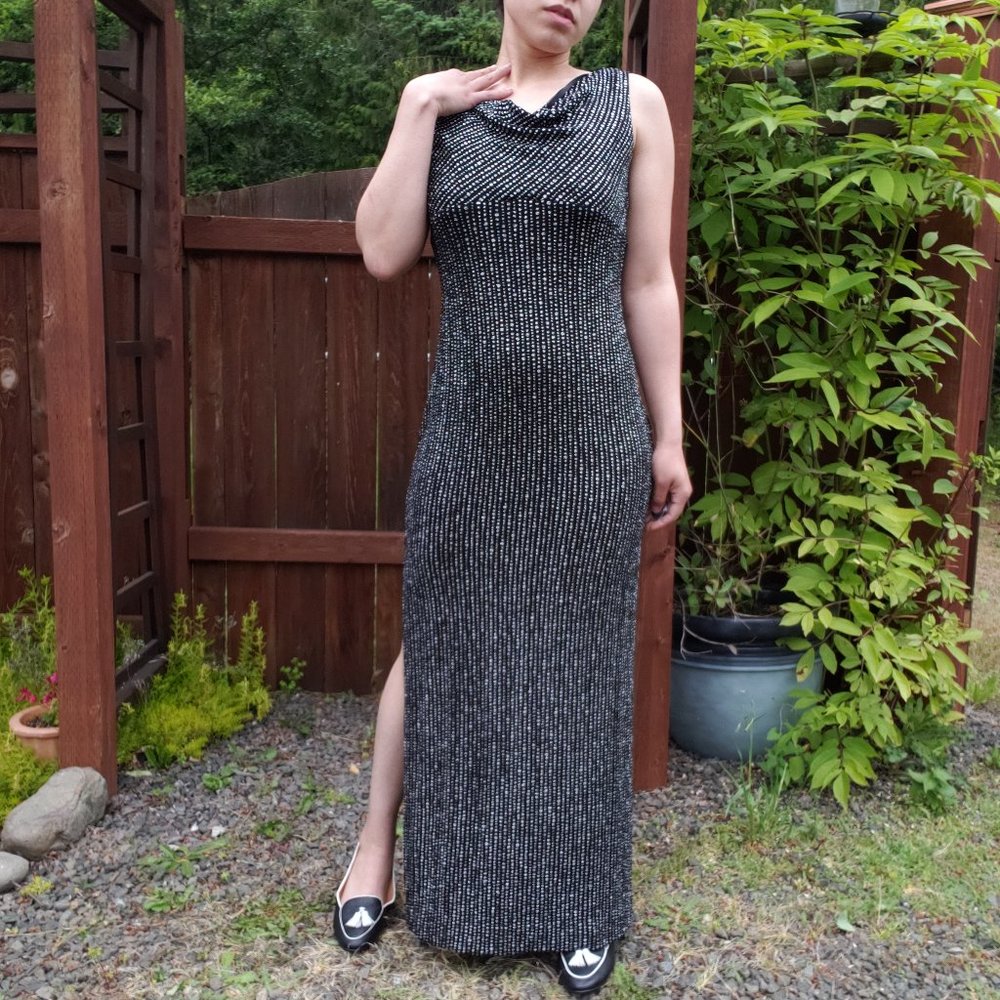 Alex Evenings Gorgeous Y2k Black Silver Glitter Cowl Neck Maxi Gown Size 4